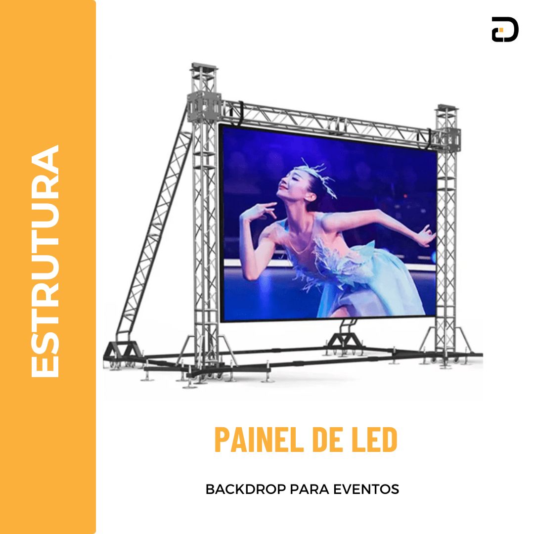 Painel de LED montado como fundo de palco exibindo conteúdo do evento