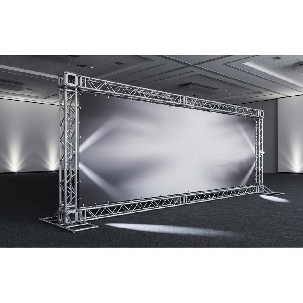 Backdrop com lona impressa montado como fundo de palco