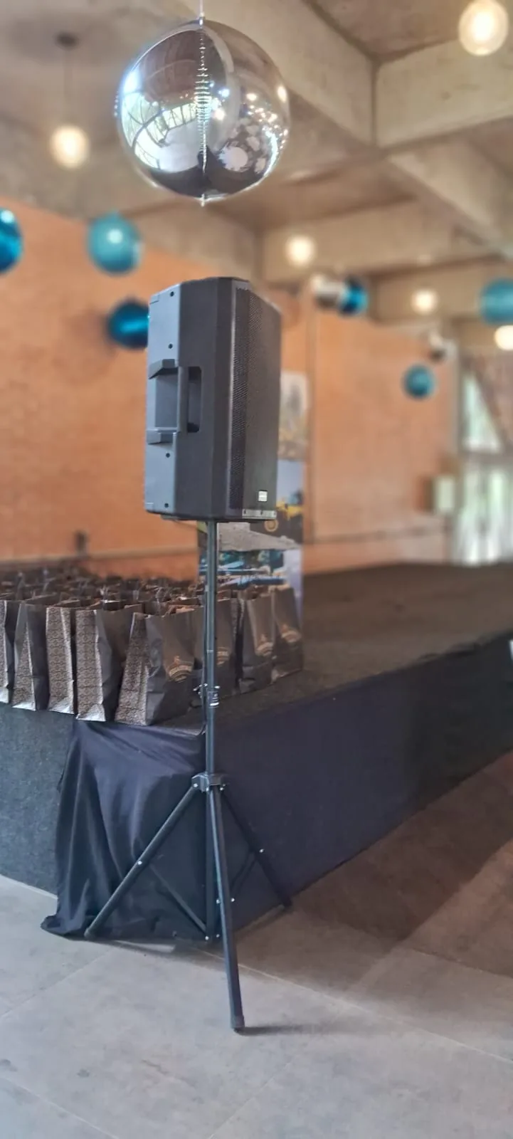 Palco do Teatro Bom Jesus com iluminação cênica de ribalta e microfones para elenco teatral.